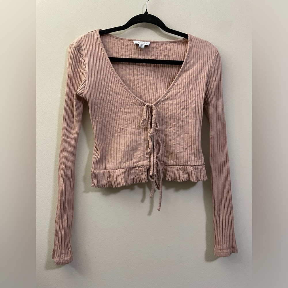 Topshop Bow Front Ribbed Cropped Cardigan in light pink - 6